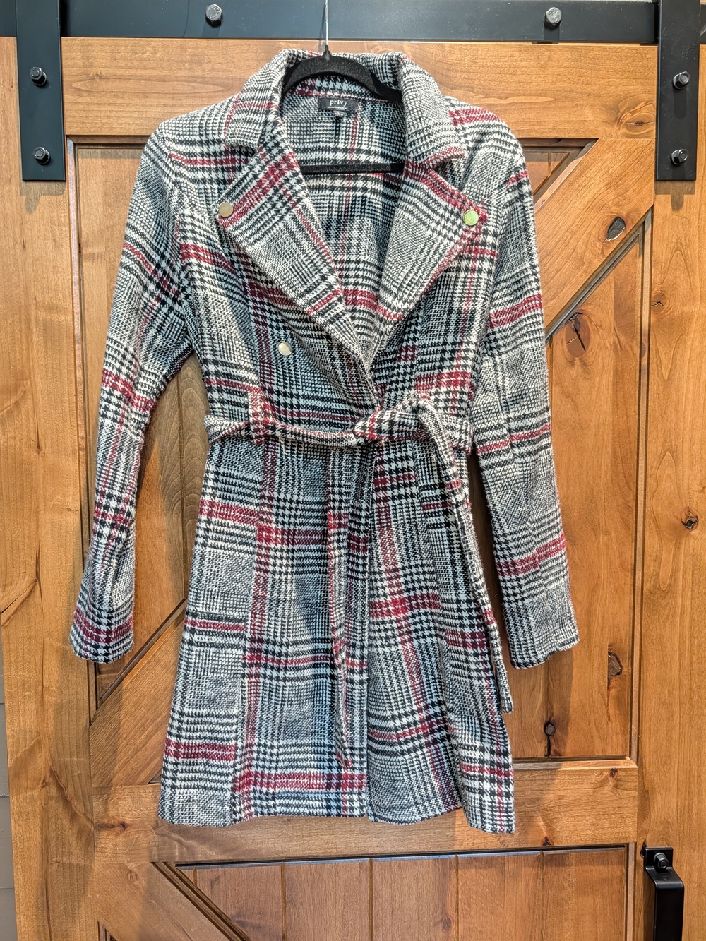 Plaid Belted Women's Jacket - Gray & Red